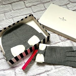 Kate spade bow beanie & glove set tech gloves grey & cream